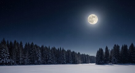Sparkling Moonlit Night Over a Snow Covered Forest Landscape with Many Stars