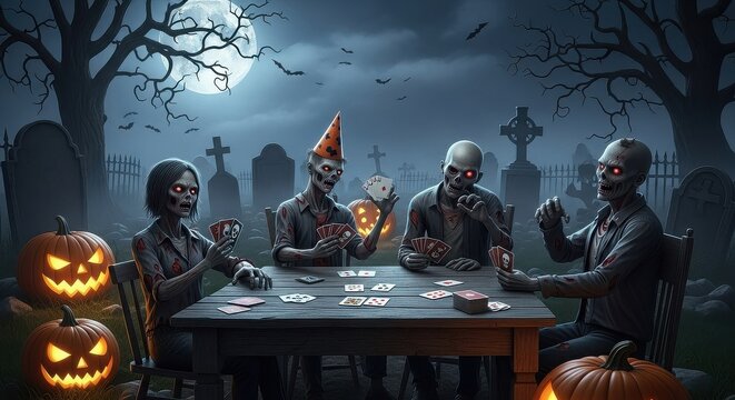 Spooky Cemetery Gathering Playing Cards Under the Moonlight Halloween Night