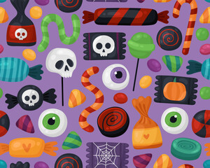 Seamless pattent for Halloween. Different candies, lollipops, caramel, gummy worms, gummy eyeballs on a purple background. Trick or treat, Halloween treats, many sweets.