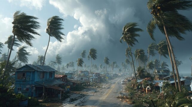 Strong wind disaster on hurricane island concept. A powerful storm ravages a coastal area, causing destruction.