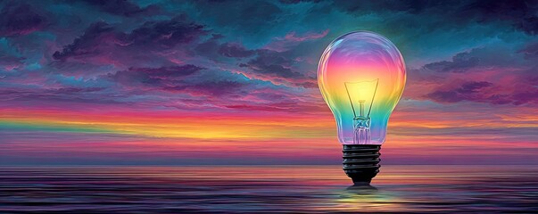 Impactful lightbulb eureka moment concept. A vibrant light bulb glowing against a colorful sunset backdrop.