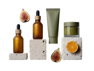 Natural skincare products displayed on light stone blocks, featuring figs and citrus.  Amber and olive-toned bottles and jars with a matte finish.  Organic, healthy, and natural beauty concept