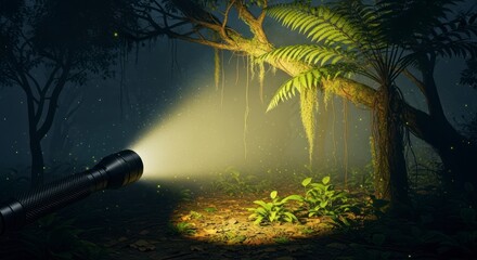 Flashlight Illuminates Mysterious Tropical Night:  Eerie Glow, Lush Foliage