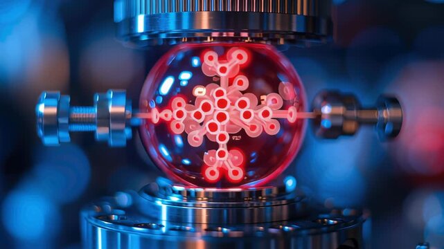 Futuristic scientific equipment displays glowing red molecular structure within glass sphere, showcasing advanced technology and innovation vibrant, dynamic laboratory setting with intricate design