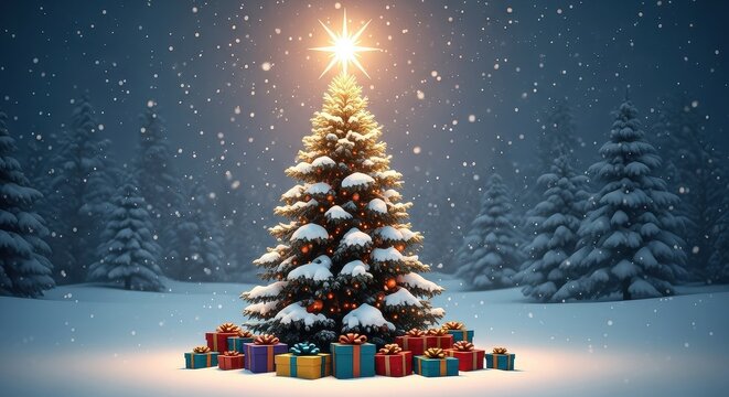 Beautiful Snow Covered Evergreen Tree With Glowing Star Topper Surrounded By Gifts - Powered by Adobe