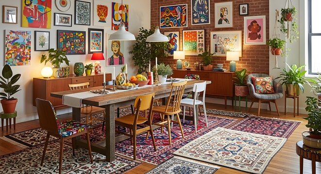 A mid century modern dining room includes a long wooden table, colorful area rug, eclectic wall art, and various plants. The room is brightly lit and possesses a warm