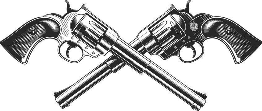 Crossed revolvers, vintage style, black and white, gun silhouette, Wild West, firearm illustration, pistol, weapon, duel, iconic design