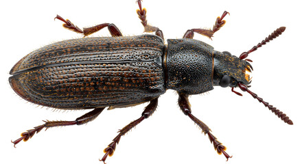 Detailed close-up of a brown beetle showcasing its textured body and antennae against a white background