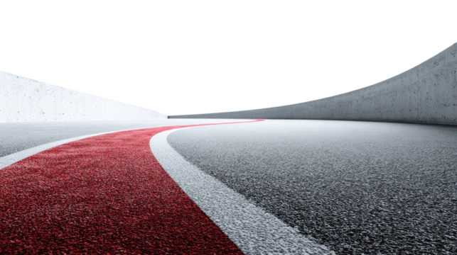 Racing track, curving asphalt, red line, white markings, concrete walls