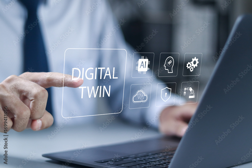 Poster digital twin business concept. industrial process modelling technology, innovation and optimisation.