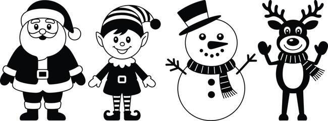 Santa Claus, Christmas elf, snowman, reindeer, cartoon characters, festive outfit, winter holiday, cute style, cheerful, decoration, celebration