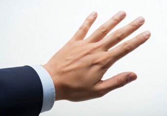 Close-Up of Male Hand in Business Suit with Clean Nails and Smooth Skin Isolated on White Background
