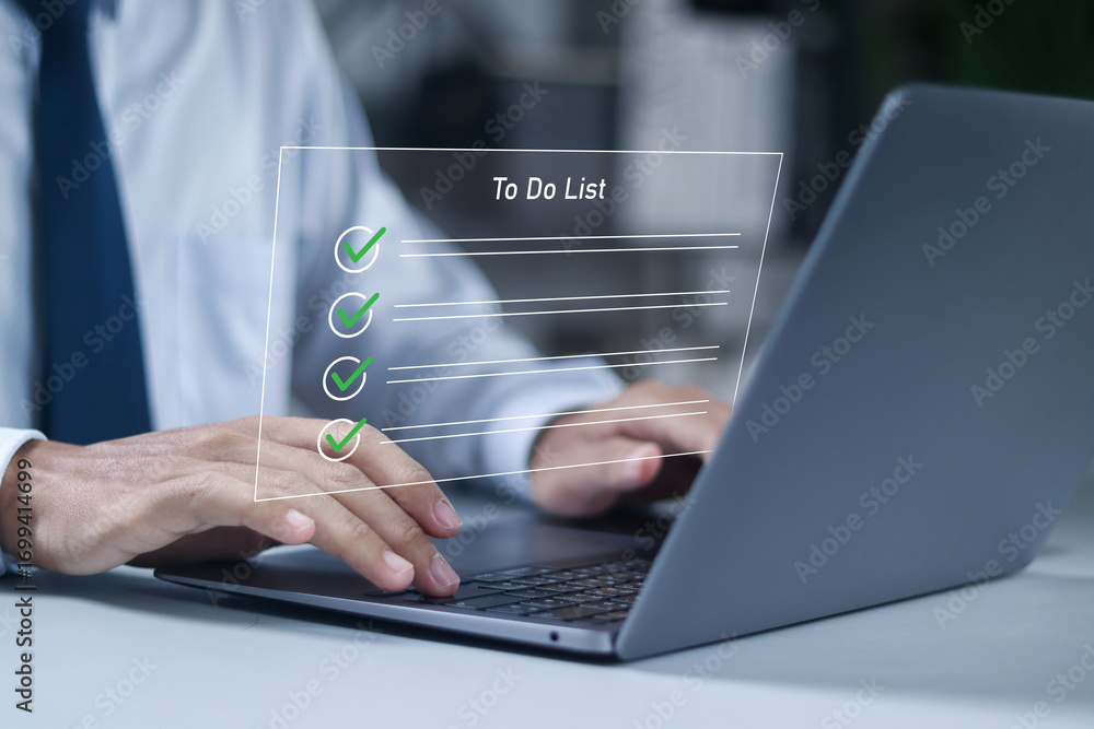 Poster businessman using laptop with to do list document on virtual screen for checklist and task list.