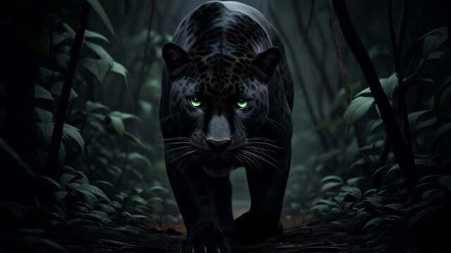 A powerful black panther with glowing eyes stalking through the dark jungle foliage at night.