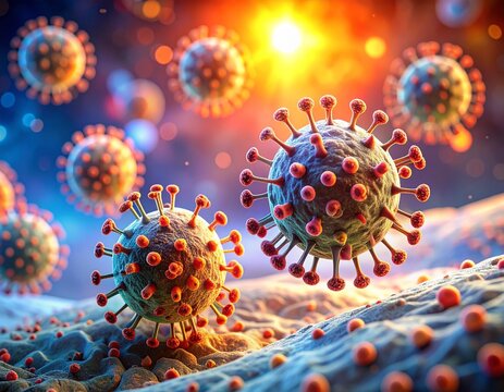 Varicella-zoster virions &mdash; chickenpox and shingles (herpes zoster) concept on medical background.