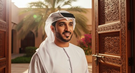 Man arabic in traditional Emirati attire smiling outdoors