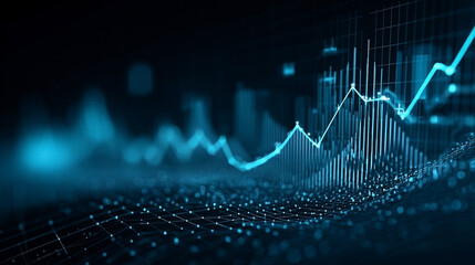 Futuristic financial data visualization with dynamic growth trend indication