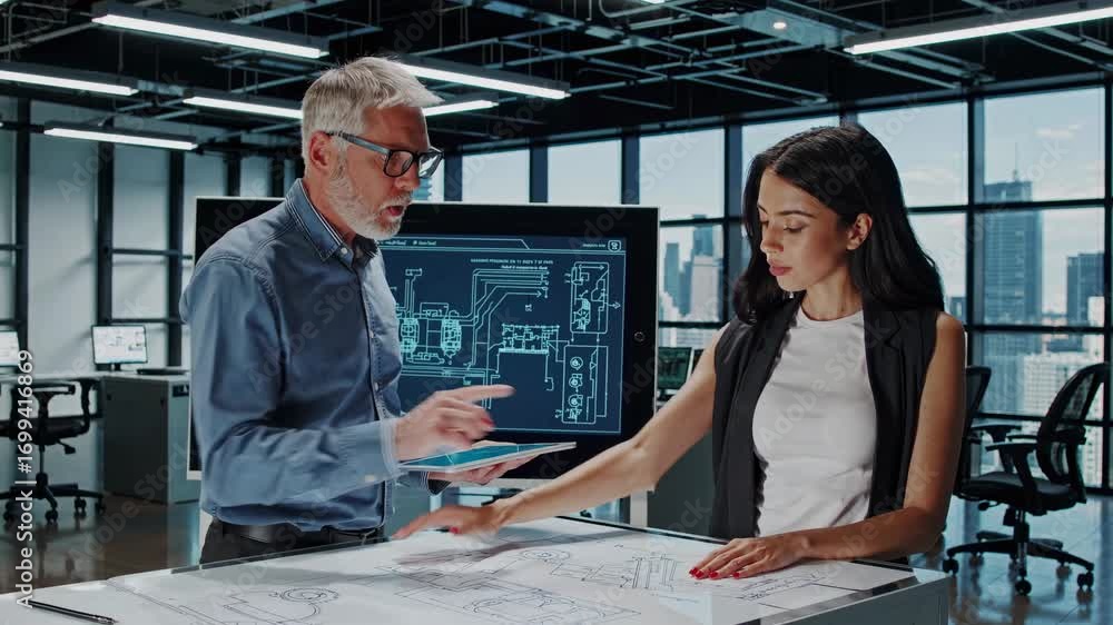 Poster a modern office scene with a low-angle view of two professionals discussing blueprints. the video ca