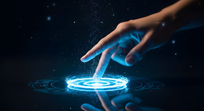Finger touches holographic interface futuristic technology innovation activation control