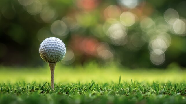 Close-up of a golf ball on a tee ready for a swing with vibrant green blurred golf course background in bright sunlight
