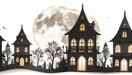 Spooky Halloween Abstract Pattern of Haunted Houses and Full Moon
