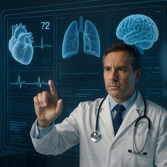 Futuristic doctor using advanced holographic medical technology with interactive digital screens displaying human heart, lungs, brain, and vital signs for modern healthcare, innovation in hospital dia