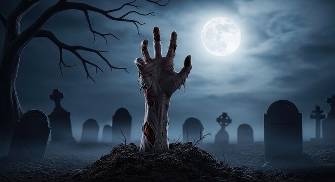 Halloween Scary Zombie Hand Rises From Grave Under Full Moon