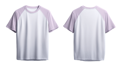 Front and back view of a plain white t-shirt with light purple raglan sleeves