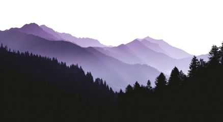Misty purple mountain range with dark silhouettes of forests