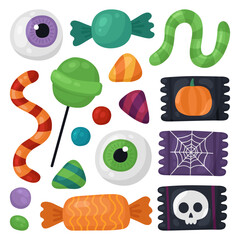Collection of Halloween candies. Chocolate candies in a wrapper, lollipops, caramel, gummy worms, gummy eyeballs. Trick or treat, Halloween treats, many different sweets.