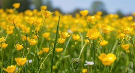 Obraz premium Vibrant Field of Yellow Wildflowers Under a Bright Sunny Sky