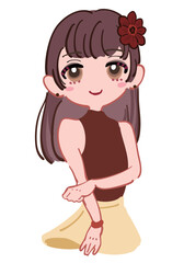 頭に花飾りを付けた大人しそうな女の子のイラスト 茶色 ブラウン