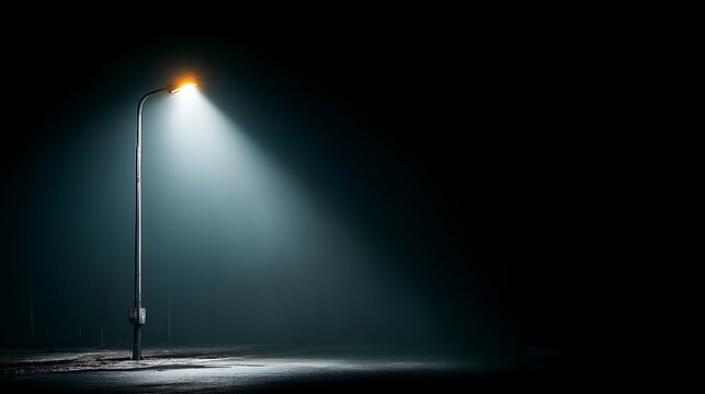 Glowing solar street lamp at night with vast empty dark sky surrounding, highlighting sustainable urban lighting, renewable energy concept, futuristic eco-friendly cityscape and illumination design