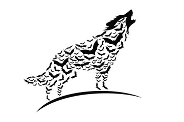 Creative silhouette of a howling wolf formed by flying bats. Unique double exposure animal illustration, perfect for Halloween, wildlife, and fantasy themes.