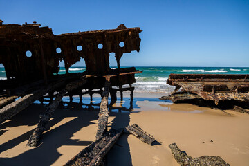 S.S. Maheno shipwreck on the beach of Fraser Island, K'gari beach track, great sandy national park.