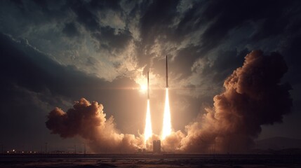 an exciting moment of space exploration. a rocket launch is in progress, with the rocket soaring upwards into the dark sky filled with clouds