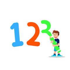 Cute boy writes numbers on a white background using an oversized colored pencil