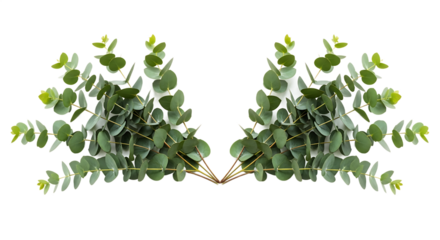 Symmetrical arrangement of multiple fresh eucalyptus branches on a pure white background, showcasing vibrant green leaves for natural wellness and decorative themes