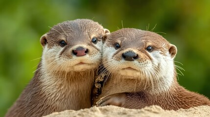 Two Playful Otters Embracing in a Natural Habitat Setting