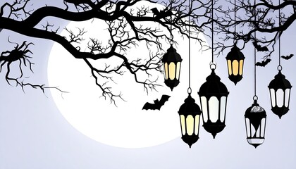 Minimal Abstract Halloween Lanterns with Moon and Bats Background