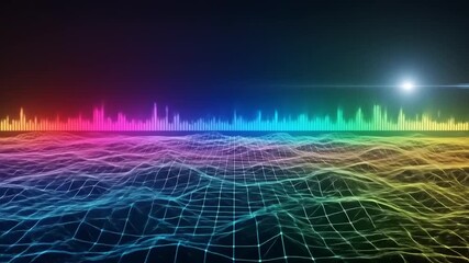 Dynamic rainbow colored audio waveform pulsing over a futuristic digital mesh terrain, a generative art concept for technology and science - Powered by Adobe