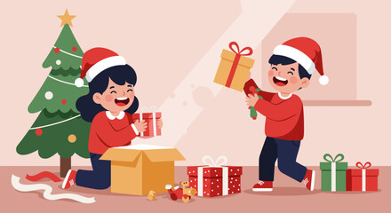 A delightful Flat Design vector illustration depicting two joyful children eagerly opening their Christmas presents. This clean, modern 2D artwork perfectly captures the pure excitement and happiness 