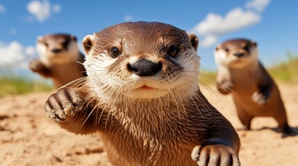 Obraz premium Playful Otters in a Natural Habitat on a Sunny Day