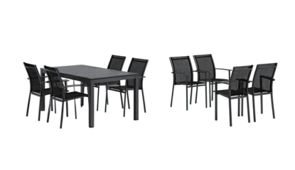Gray outdoor dining set.  A rectangular table and six chairs.  Dark gray metal frames.  Mesh backs and seats.  Computer-generated image