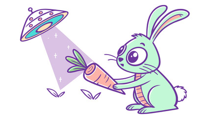 Obraz premium Cartoon Bunny Receives Carrot Beam from a UFO in a Whimsical Scene