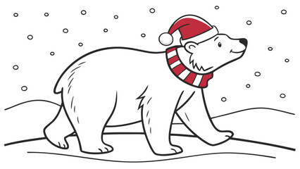 Cartoon Polar Bear with Santa Hat and Striped Scarf Walking in Snow © Sulis