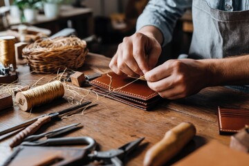 Obraz premium Handcrafted Leatherwork in Artisan Workshop with Tools and Materials
