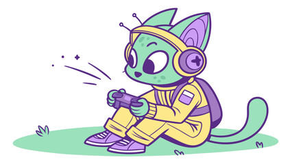 Playful Alien Cat Astronaut Gaming on Grass