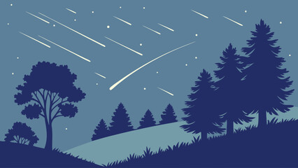 Stylized Meteor Shower Over Silhouette Trees in a Blue Night Landscape