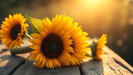 Sunflower bouquet bathed in golden morning light on a rustic wooden surface, radiating natural vibrancy.